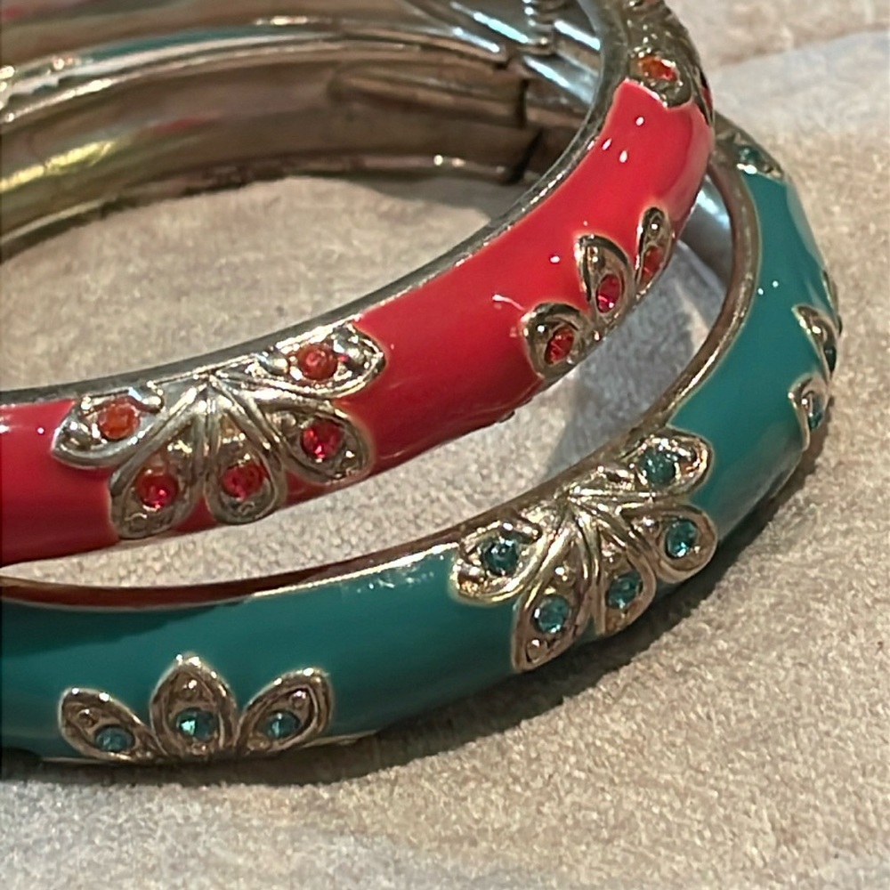 2 Lotus Flower Bangle Bracelets Blue and pink w/ Rhinestone crystals Inlay style
